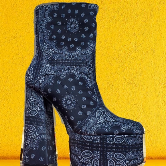 Bandana Print Platform Booties - Black & Blue ONLY - Picture 3 of 5